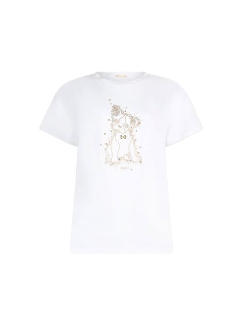 T-shirt da donna manica corta in cotone, con  strass, colore bianco LIU JO | MF5412-JS923M9789